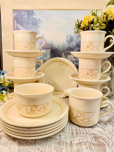 Vintage Staffordshire Tea Set – Floral Cream 6 Cups, Saucers,Milkpot and sugerpot