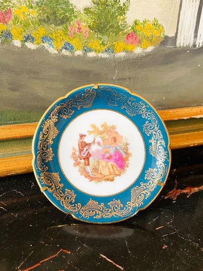 limoges france plate, french porcelain collectible, miniature display plate, rococo romantic decor, gold gilt vintage plate, french art pottery, european thrift find, royal blue porcelain, limoges wall plate, sunset kitchen vintage