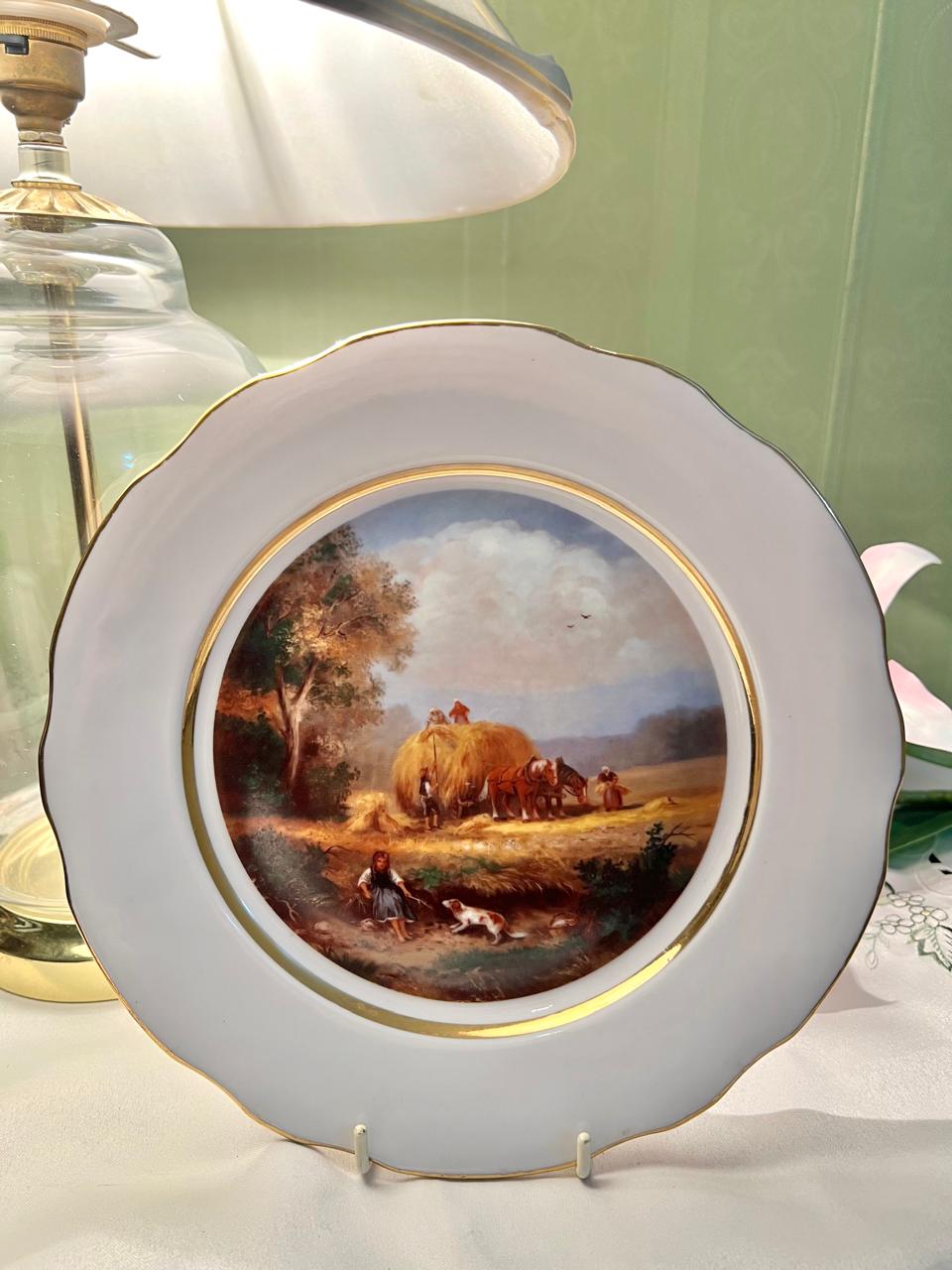 English Fine China Pastoral Scene Wall Plate Gold Trim 22cm