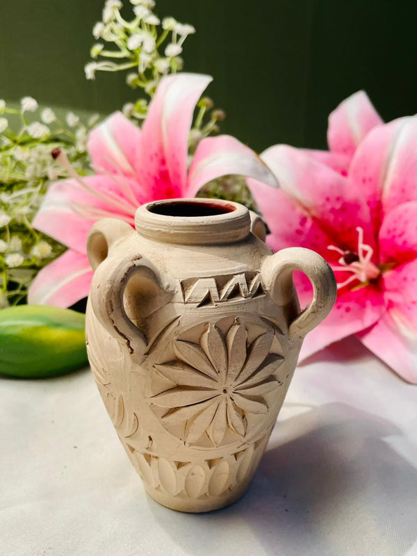 Carved Beige Ceramic Amphora Vase with Handles 4 in