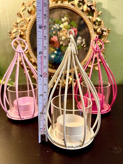 Set of 3 Hanging Metal Tealight Candle Holders with Glass Cups – White, Pink & Lilac