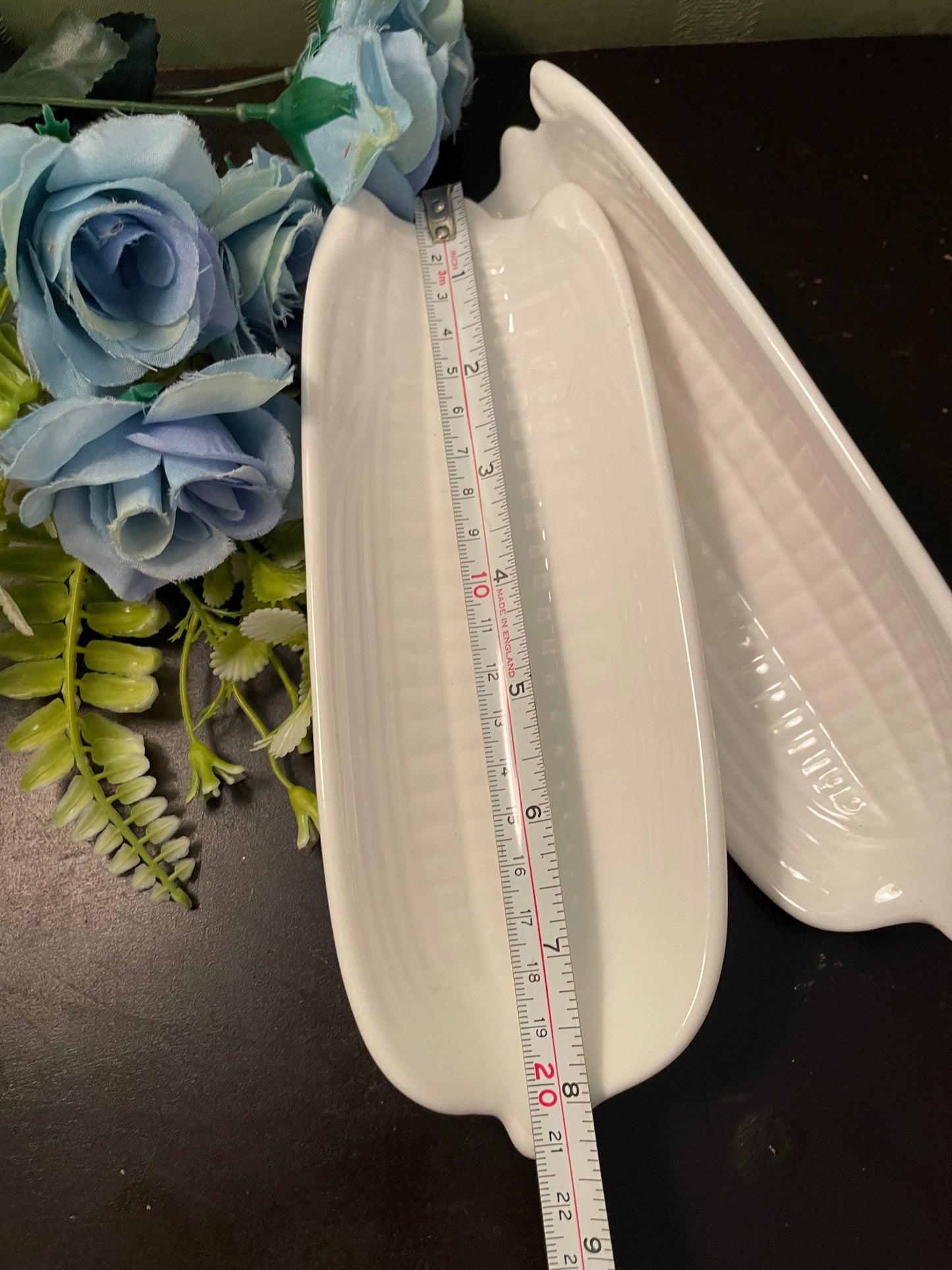 White Ceramic Corn Cob Serving Dishes Set Pair