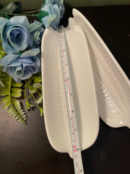 White Ceramic Corn Cob Serving Dishes Set Pair