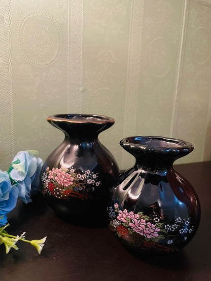 Vintage Black Floral Vase Pair
