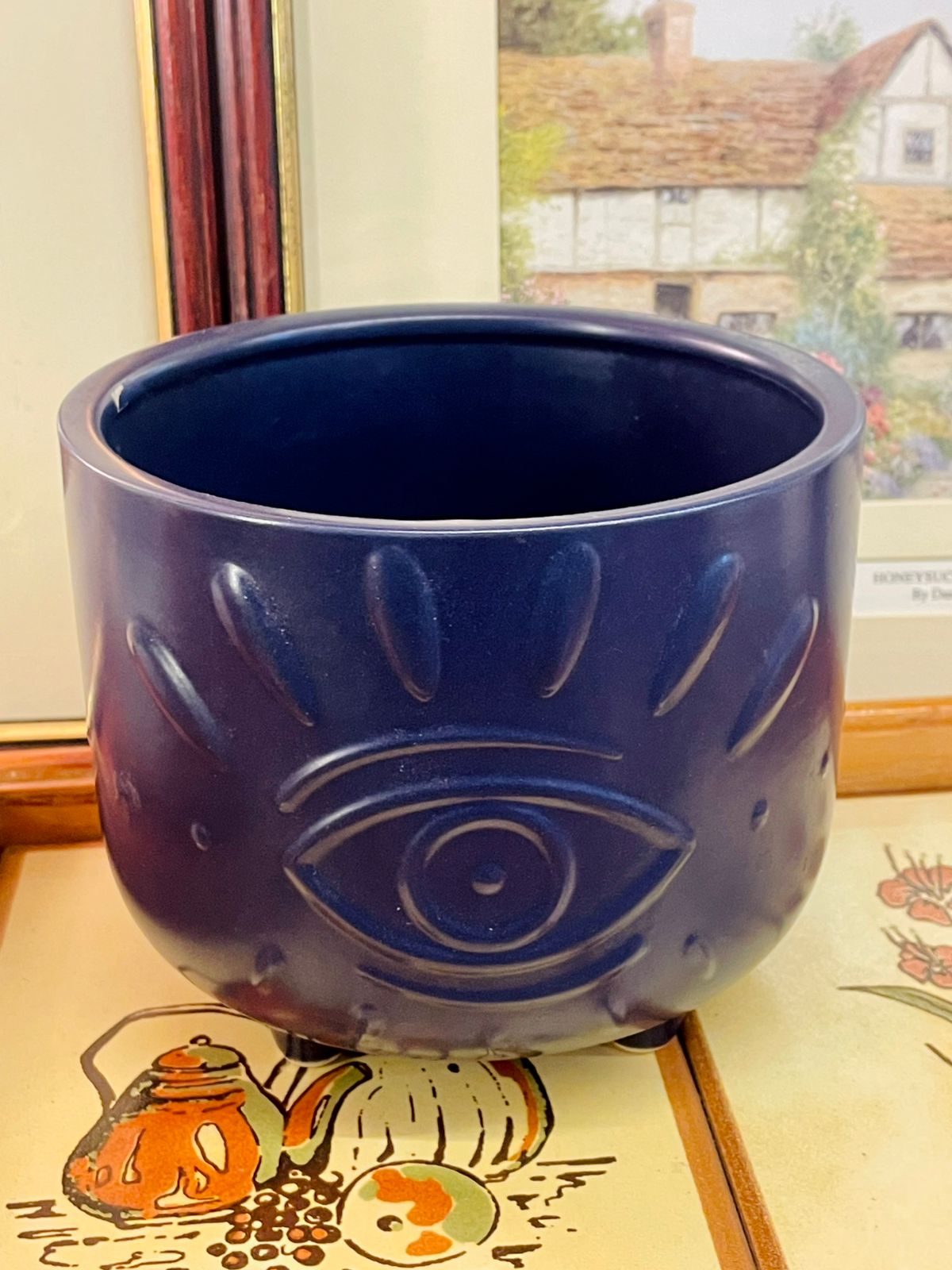 navy planter, ceramic pot, embossed eye pot, boho planter, indoor plant pot, blue plant pot, decorative planter, modern home decor, bohemian decor, ceramic flower pot, medium planter, aesthetic planter, home styling accessories