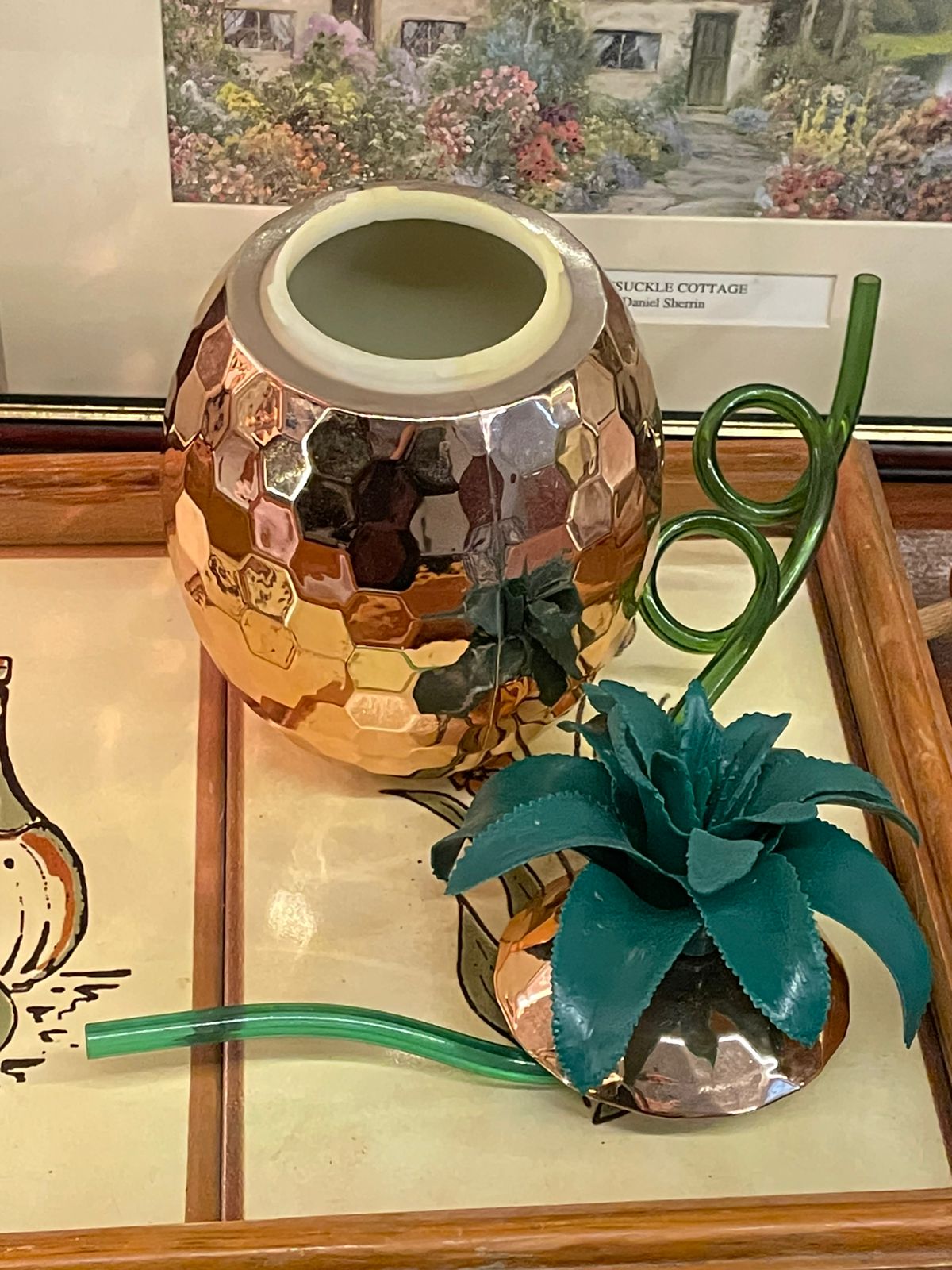 Gold Pineapple Decorative Jar With Green Lid & Straw, Mug