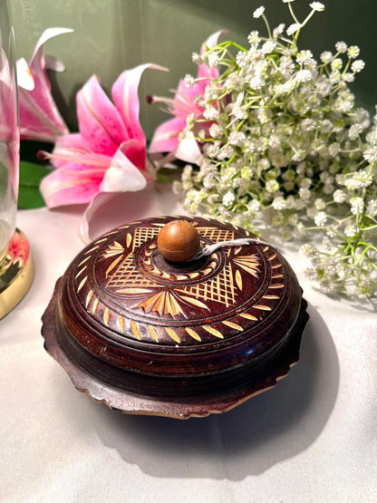 Carved Dark Wood Trinket Box with Lid – 13 cm
