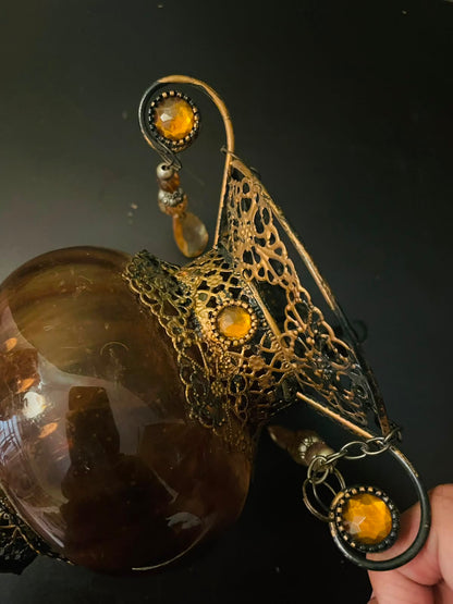 Vintage Amber Hanging Lantern Candle Holder