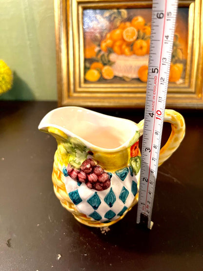 Vintage Fruit & Harlequin Ceramic Pitcher – 4 Inch