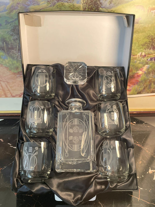 Rennie Mackintosh crystal, Glencairn crystal set, whisky decanter set Pakistan, collectible crystal barware, luxury gift set Pakistan, Mackintosh Art Nouveau crystal, vintage crystal glass set, bar accessories Pakistan, premium whisky decanter and glasses, luxury dining décor