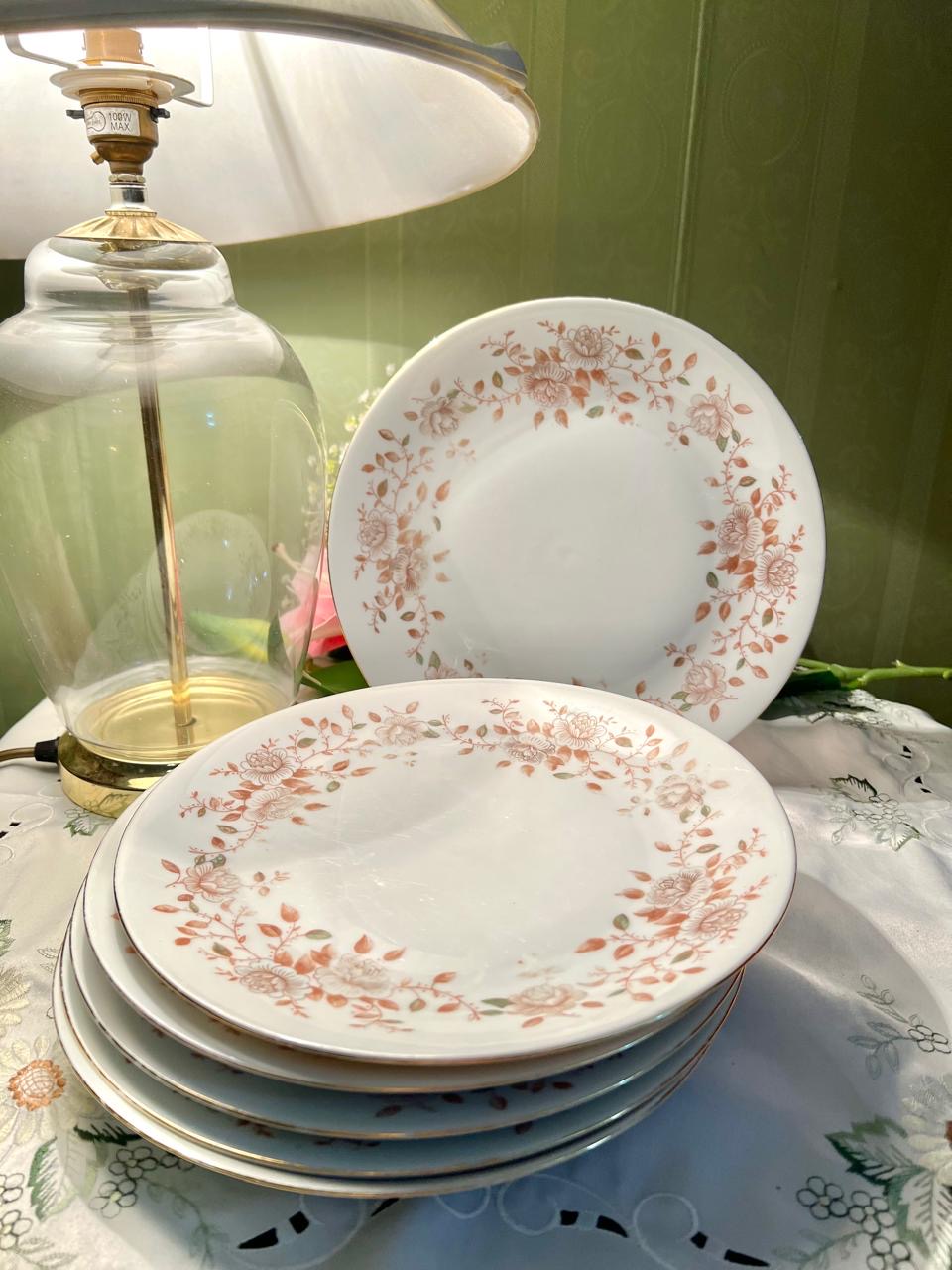 6-Piece Peach Floral Dinner Plate Set 9.5 in Made in England