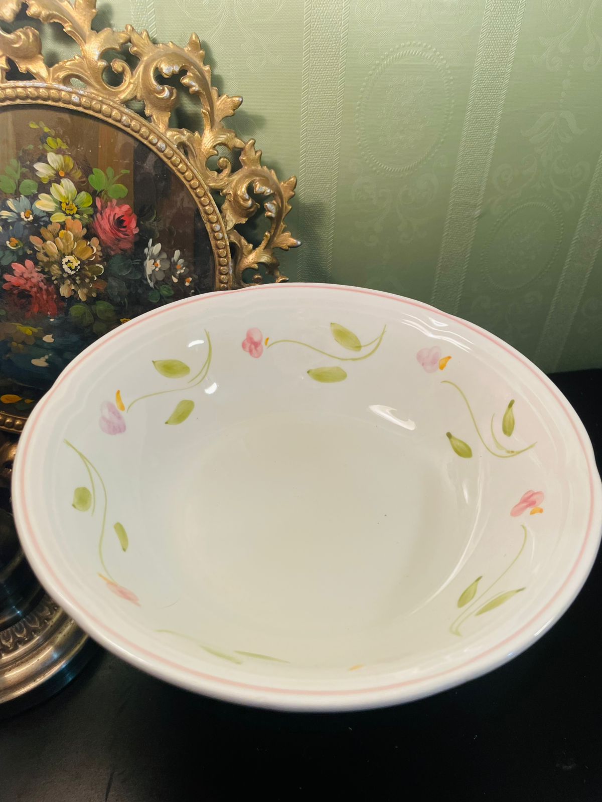 Vintage Pink Floral Ceramic Serving Bowl 10 Inch