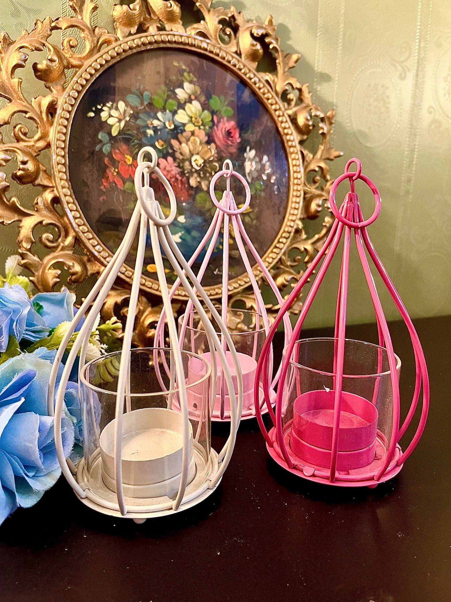 Set of 3 Hanging Metal Tealight Candle Holders with Glass Cups – White, Pink & Lilac