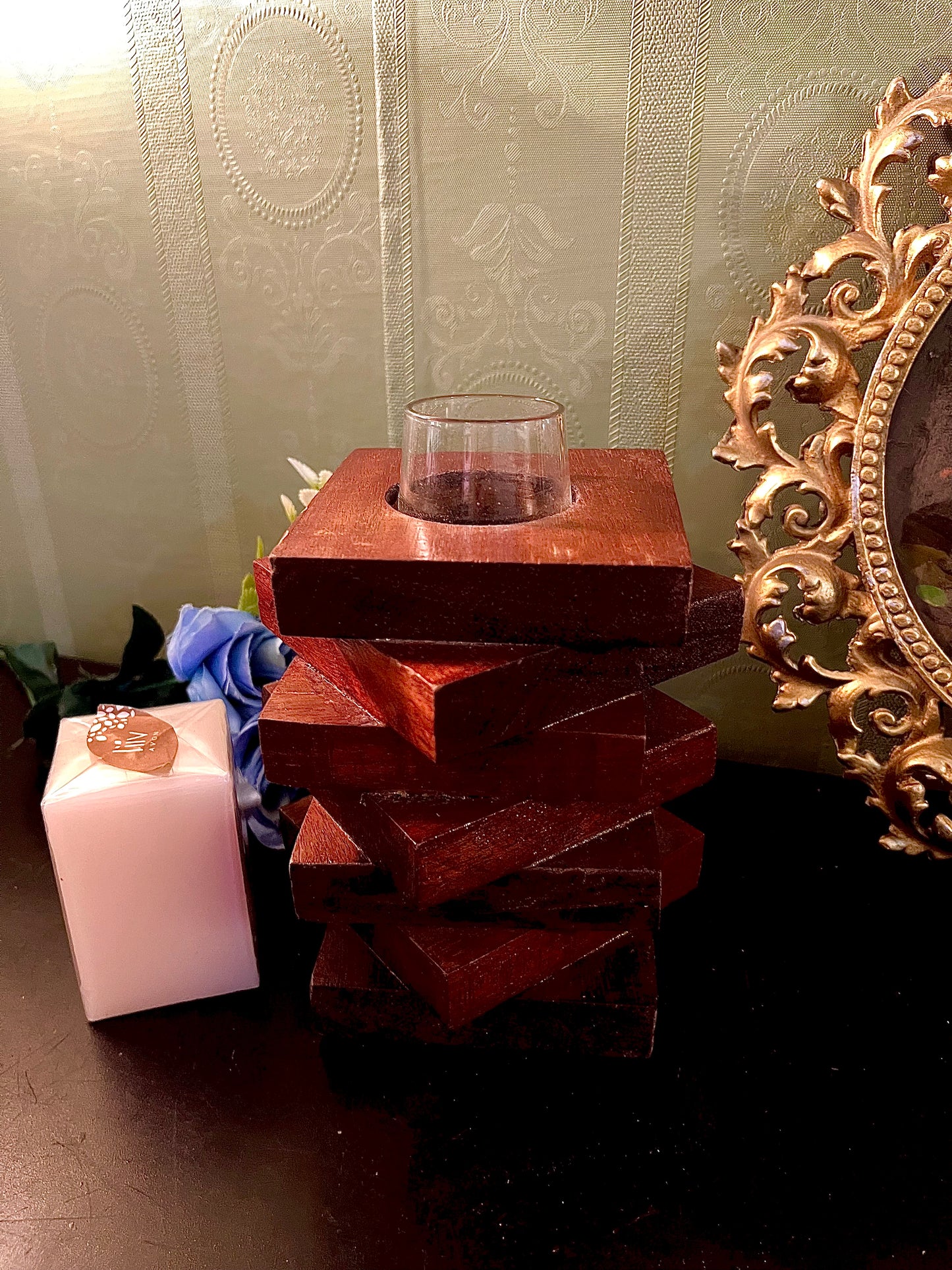 Stacked Wooden Taper Candle Holder with Glass Insert
