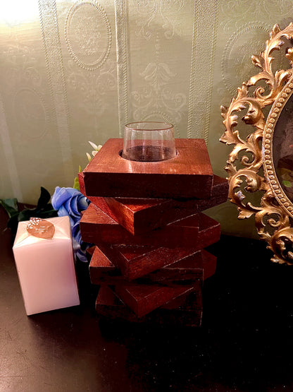 Stacked Wooden Taper Candle Holder with Glass Insert