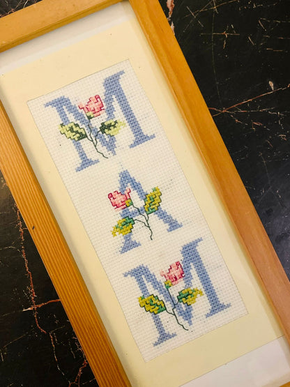 Framed MAM Cross Stitch Floral Wall Art 11 inch