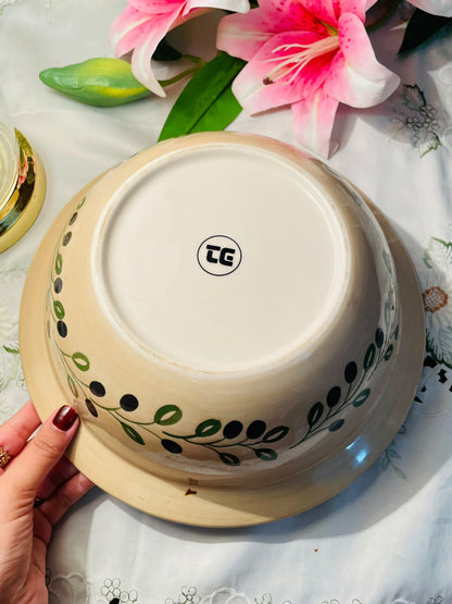 Handpainted Beige Botanical Large Serving Bowl – 12 Inch