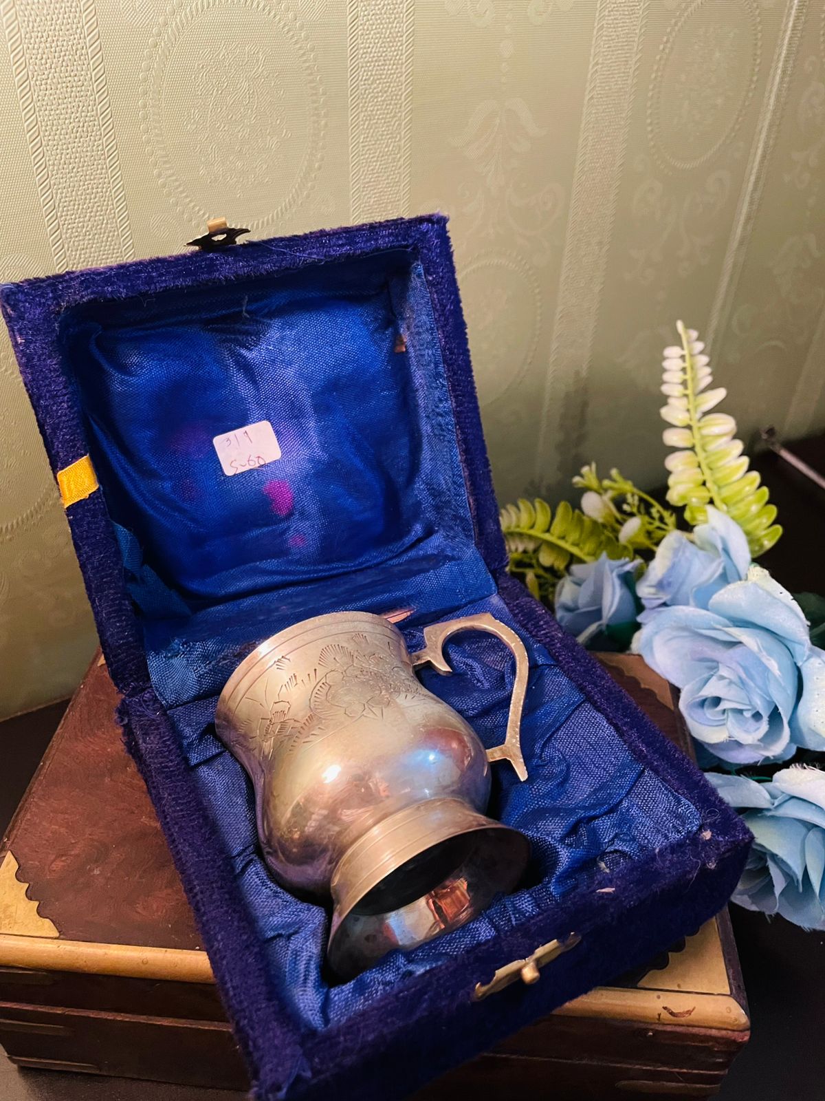 Vintage Silver Plated Mug in Blue Gift Box 4 Inch