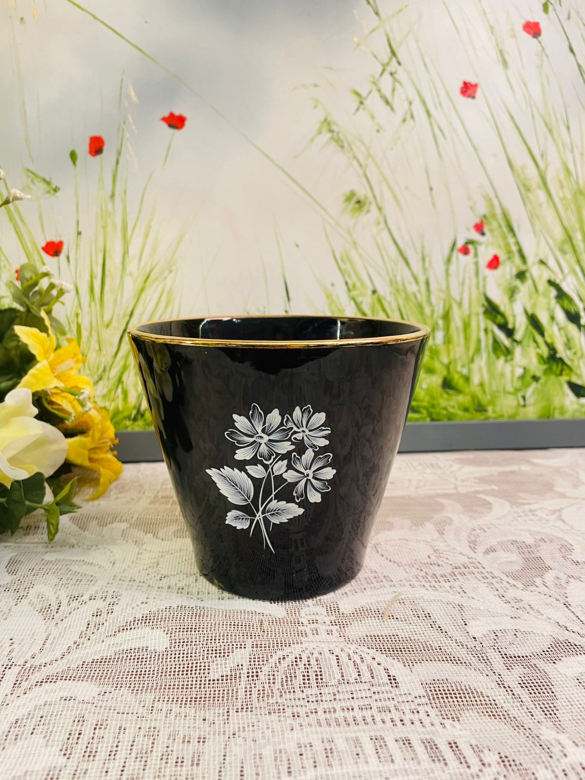 Vintage Wade England Black Floral Planter – Ceramic Pot