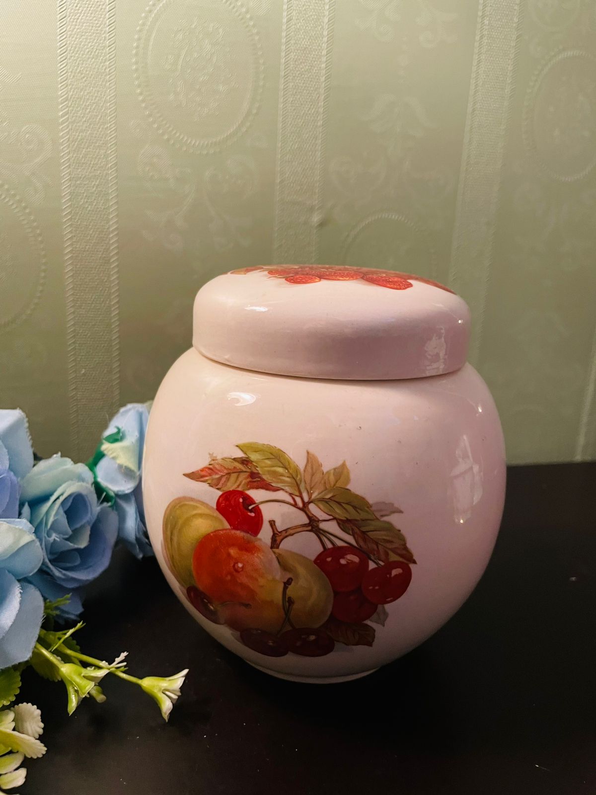 Vintage Fruit Motif Ceramic Ginger Jar with Lid