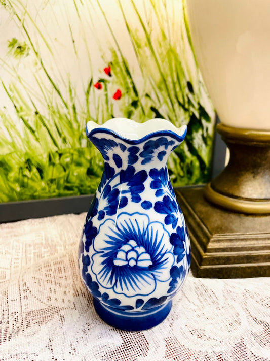 Blue & White Floral Ceramic Bud Vase 5"