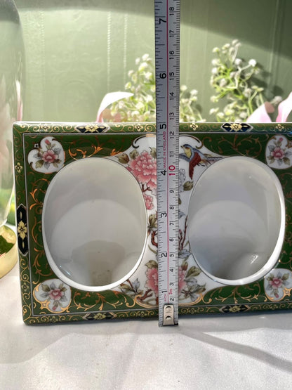 Vintage Japanese Double Frame Floral Wall Decor | Green & Gold Approx. 18 cm