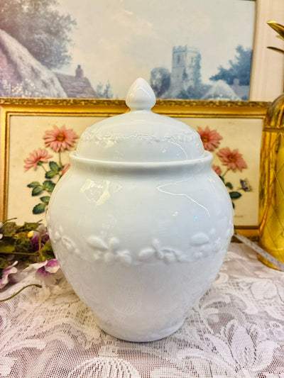Vintage large White Porcelain Lidded Jar Embossed Floral