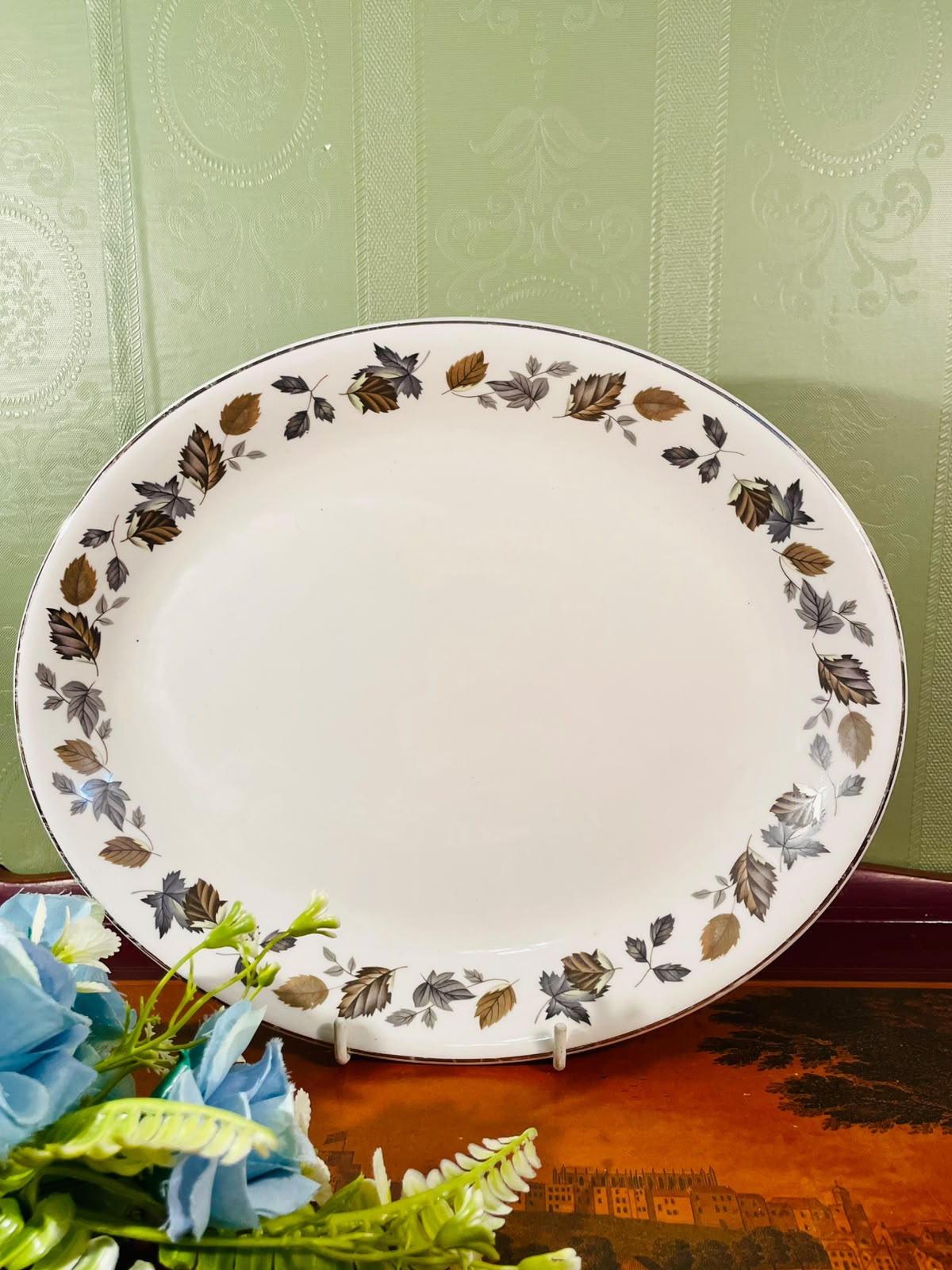 Brown Leaf Border Ceramic Serving Platter – 11 Inch