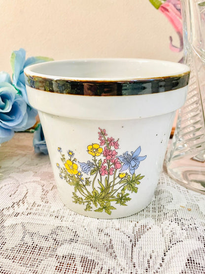 Vintage Floral Ceramic Planter with Gold Rim