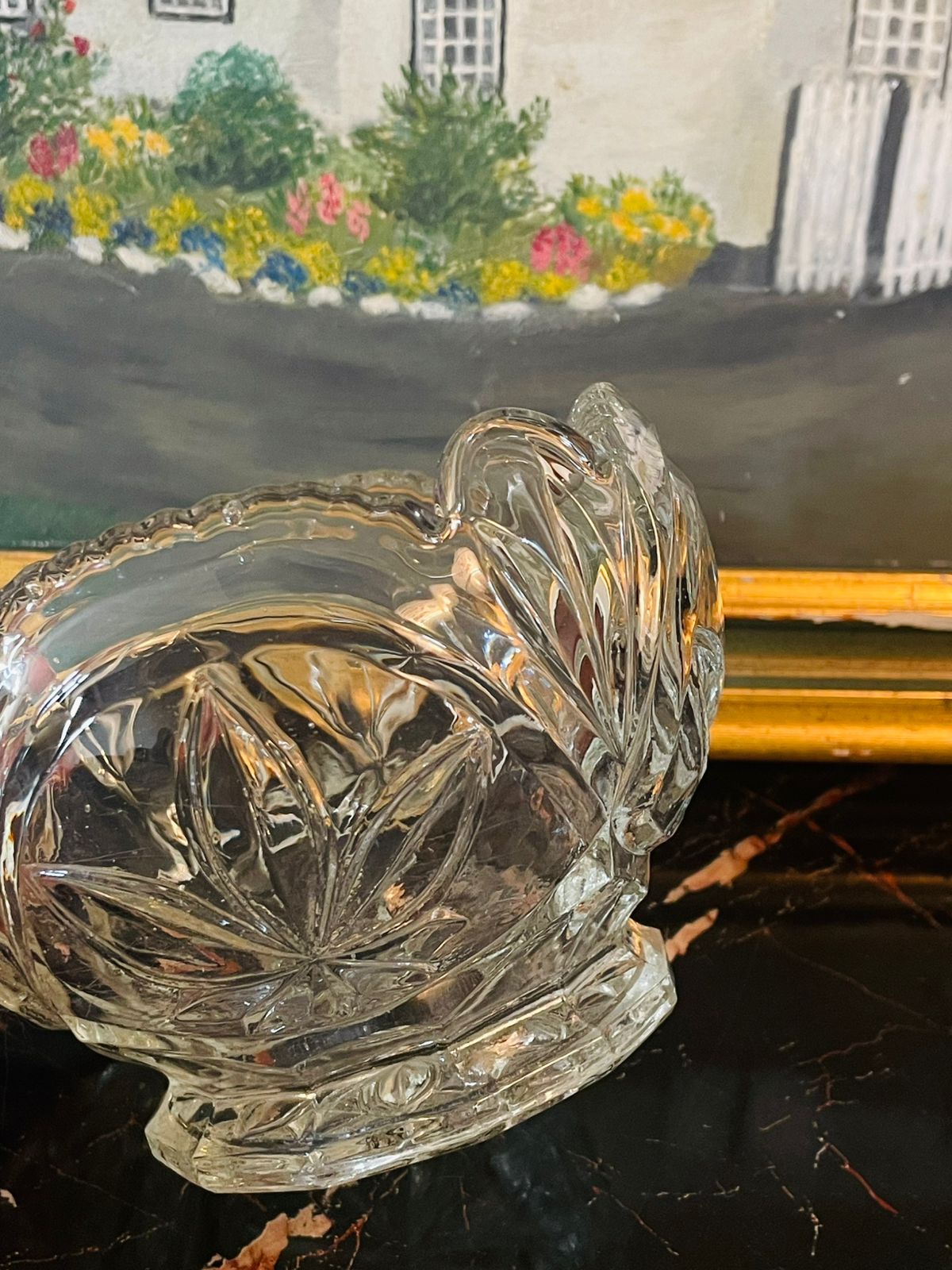 Vintage Cut Crystal Candy Dish / Bowl – Starburst Leaf Pattern