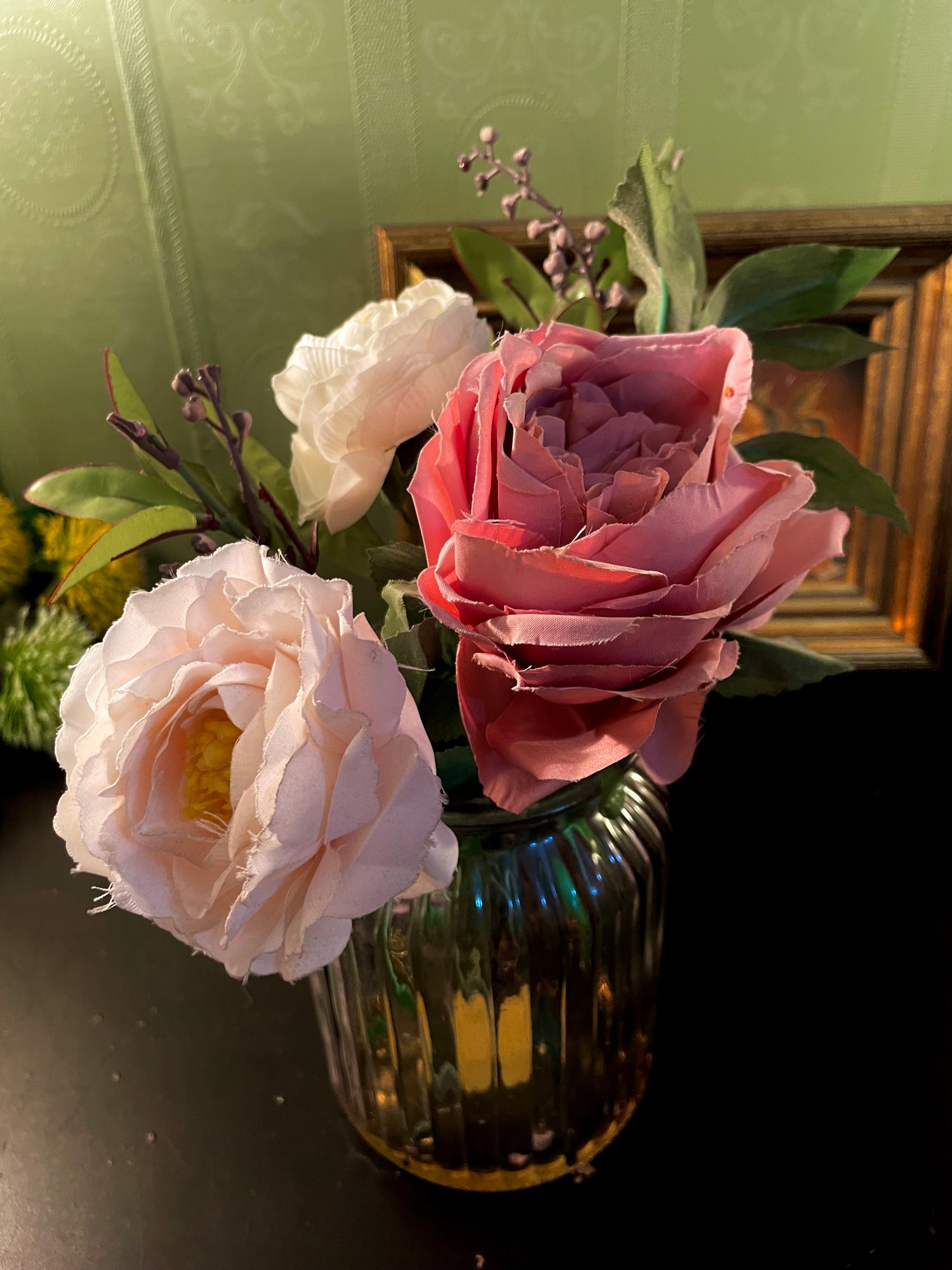 Artificial Pink Rose Arrangement in Ribbed Glass Vase 10 Inch