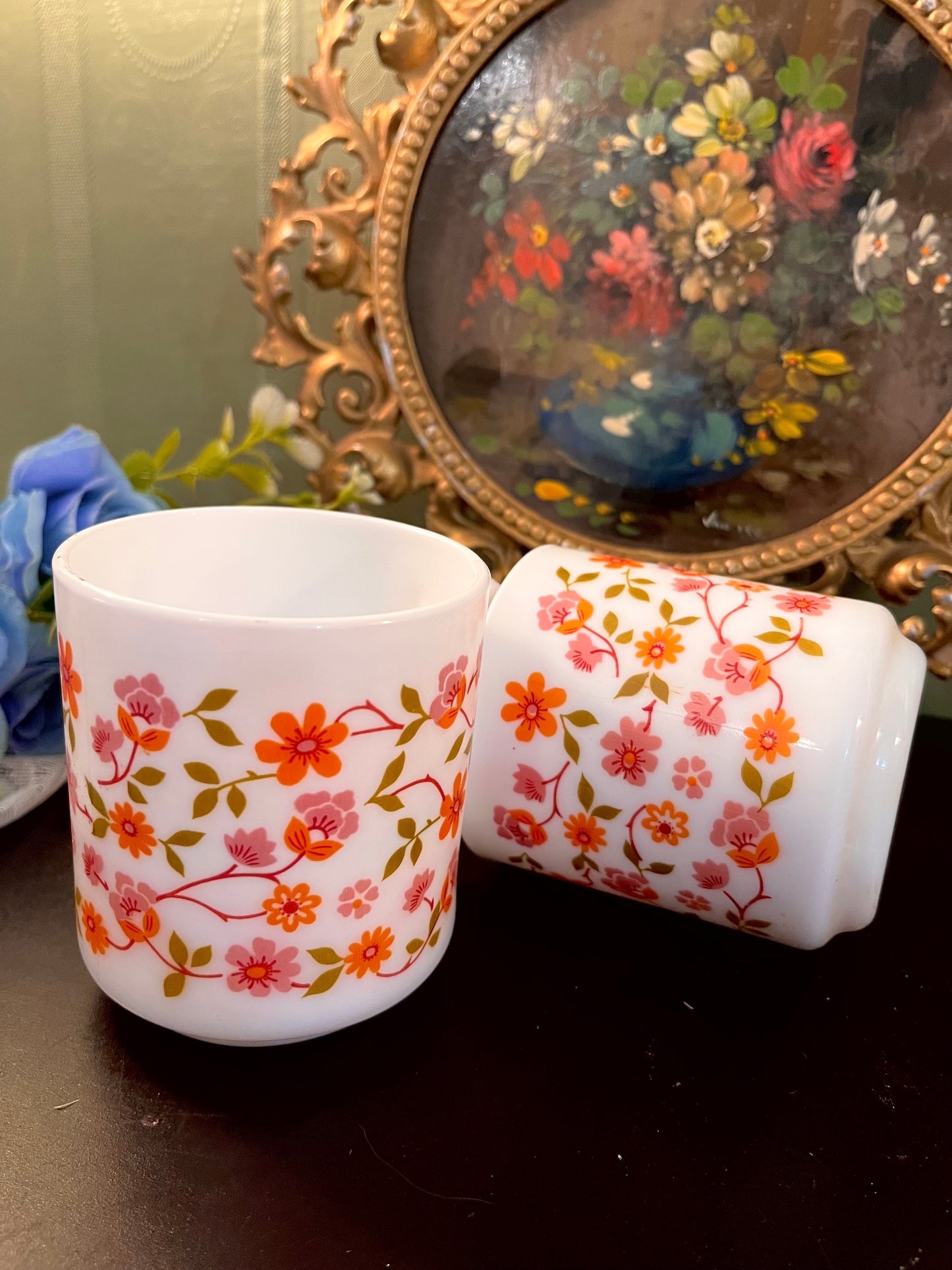 Orange & Pink Floral Ceramic Mug Set – Pair of 2