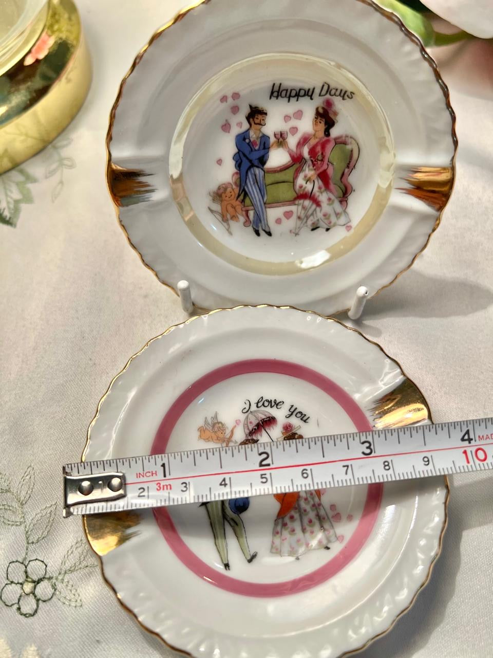 Vintage Porcelain Happy Days & I Love You Dishes Set of 2 9 cm