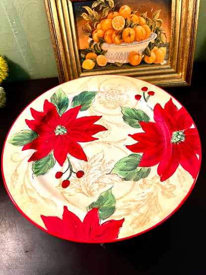 Vintage Poinsettia Ceramic Cake Stand – 9 Inch Christmas Pedestal Plate