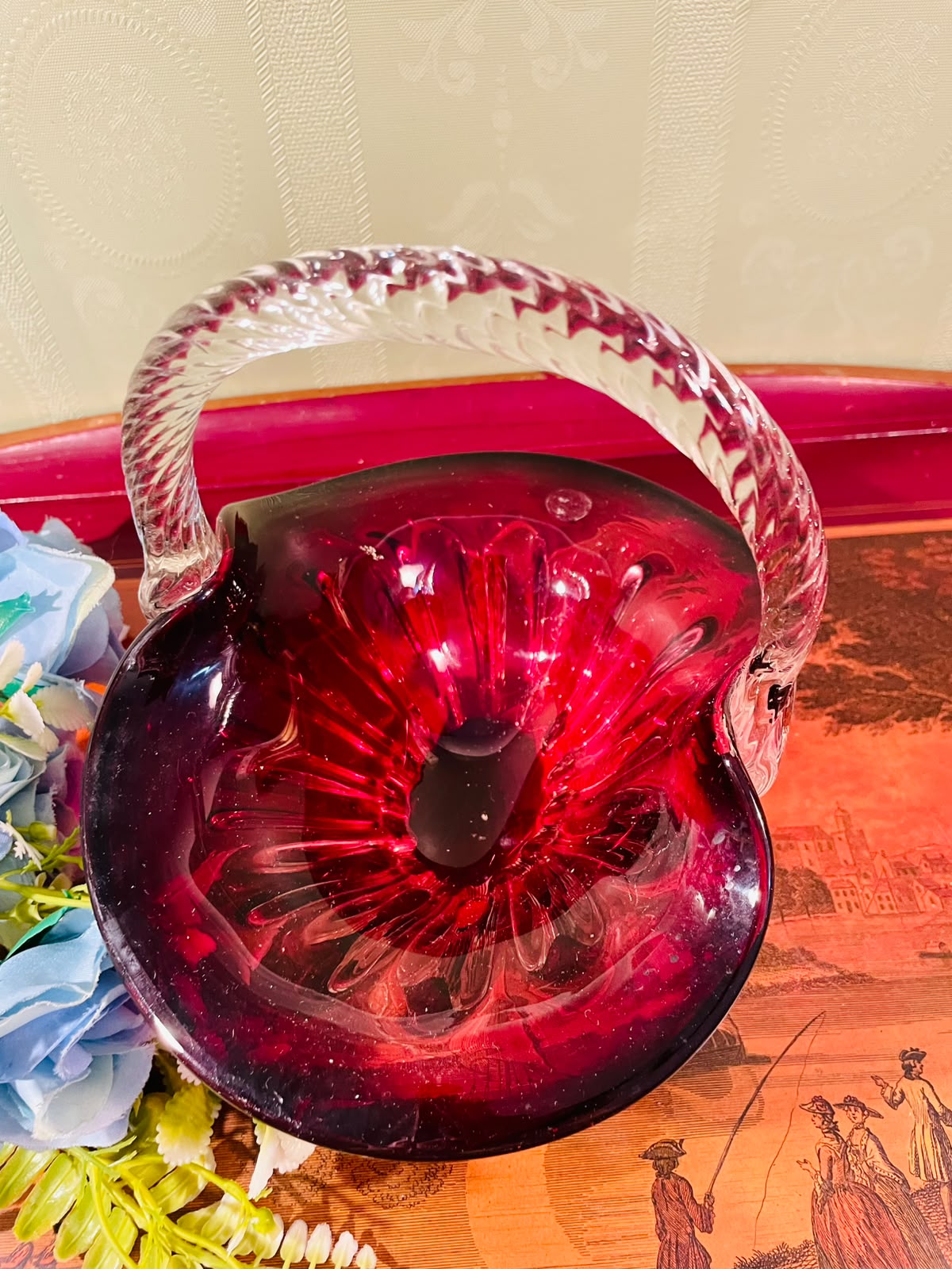 Ruby Red Crystal Basket with Clear Handle – 8 Inch