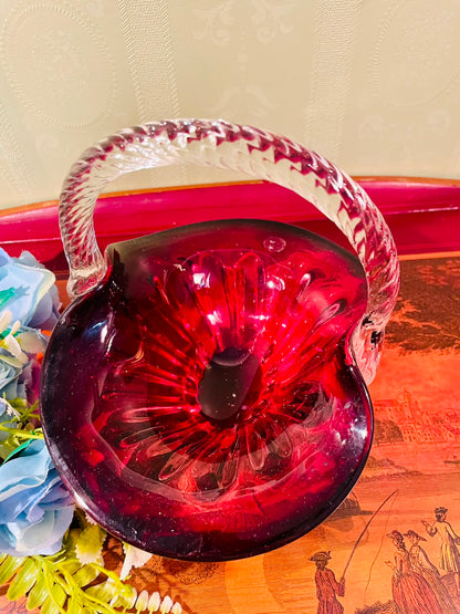 Ruby Red Crystal Basket with Clear Handle – 8 Inch