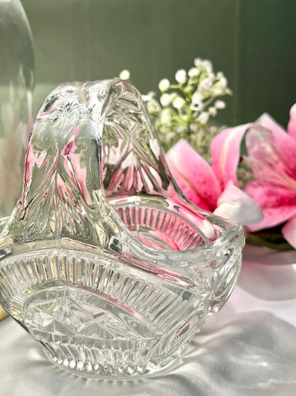 Vintage Clear Crystal Basket with Handle – 7 x 5.5 Inch