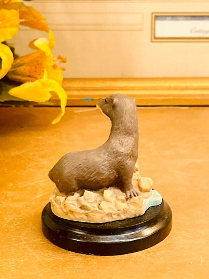 Vintage Otter Figurine on Wooden Base – Miniature Wildlife Animal Ornament