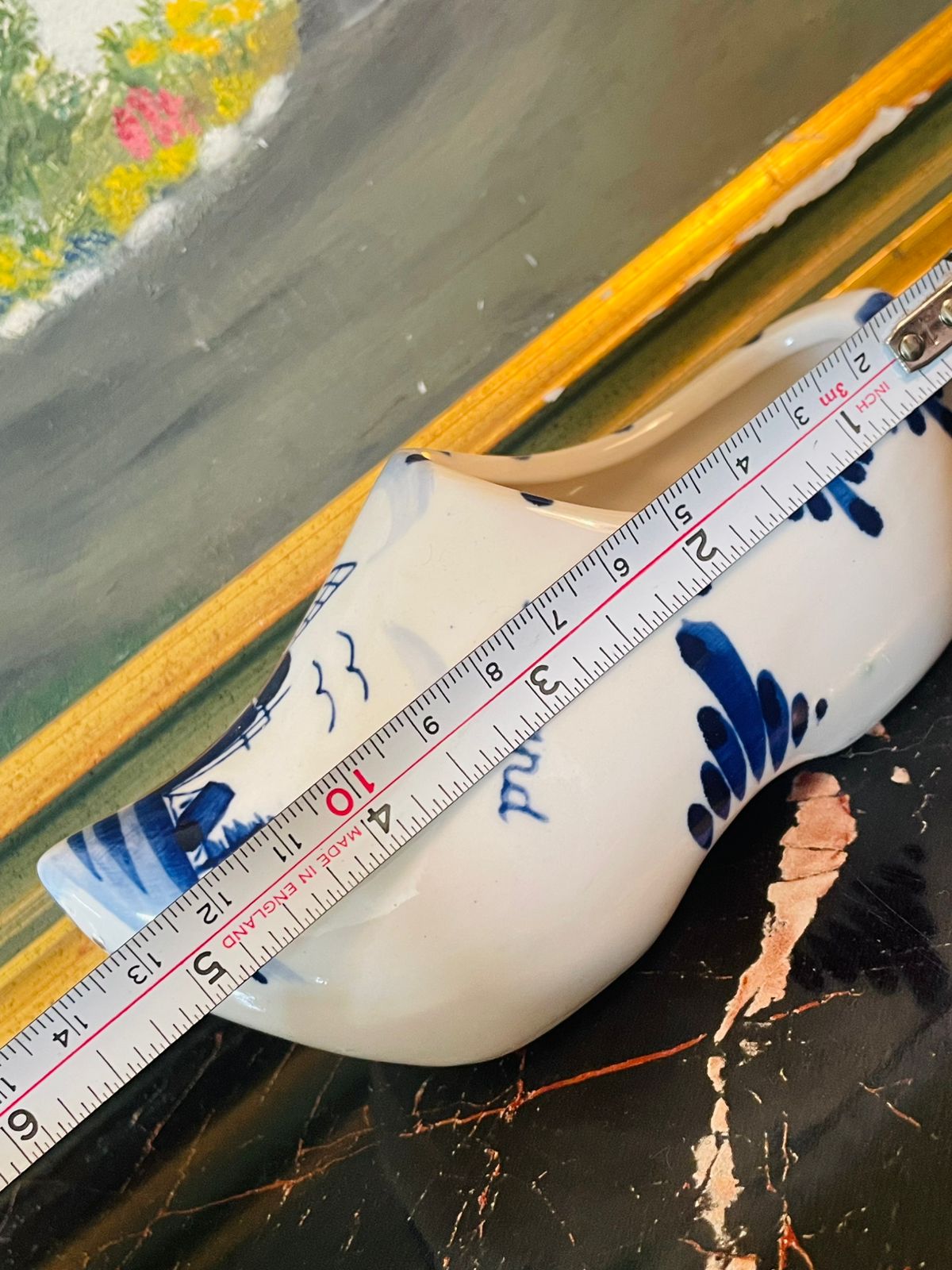 🩵 Hand-Painted Delft Blue Ceramic Clog – Holland Windmill Design