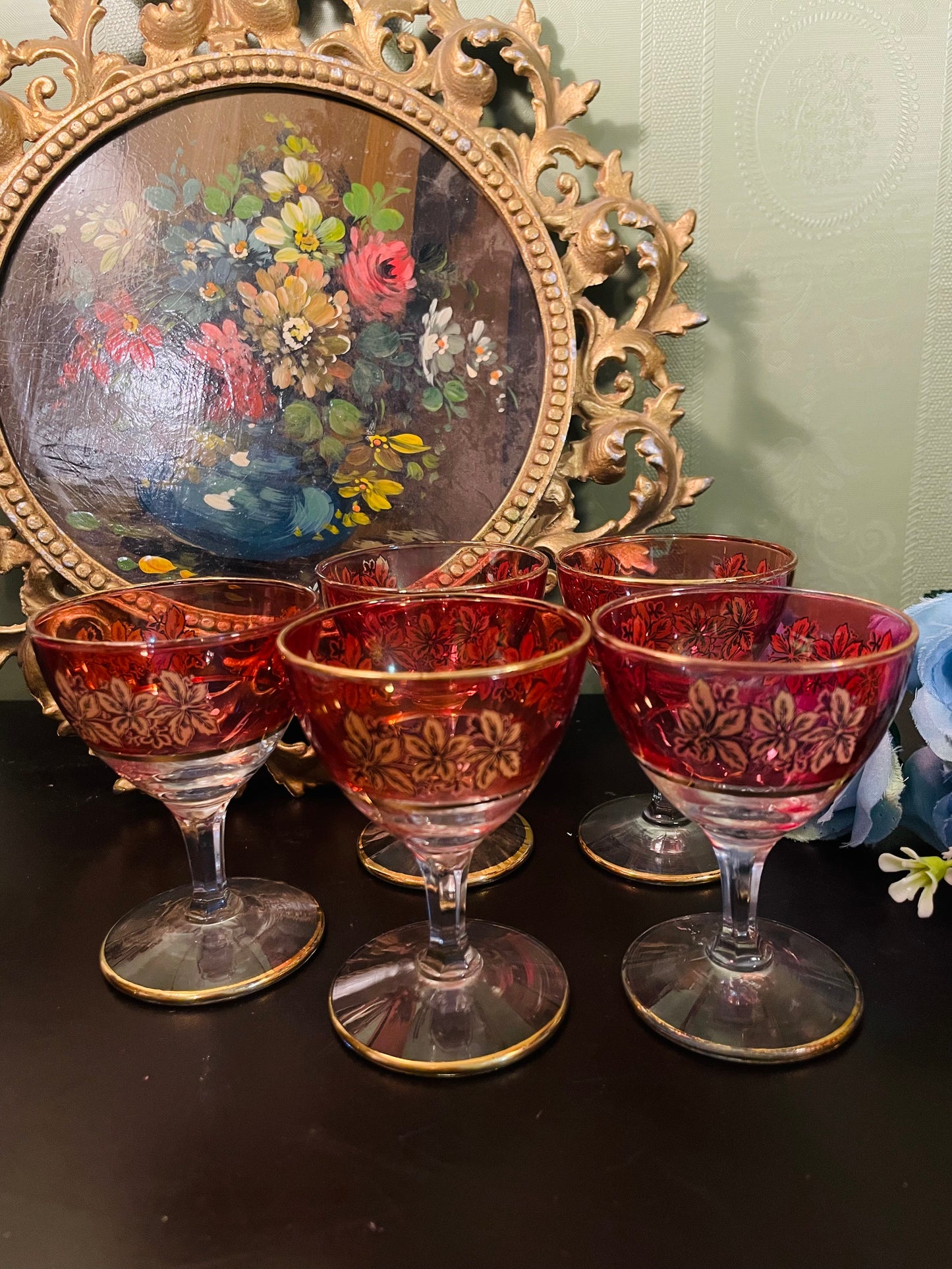 Vintage Ruby Red & Gold Floral Cocktail Glasses – Set of 5