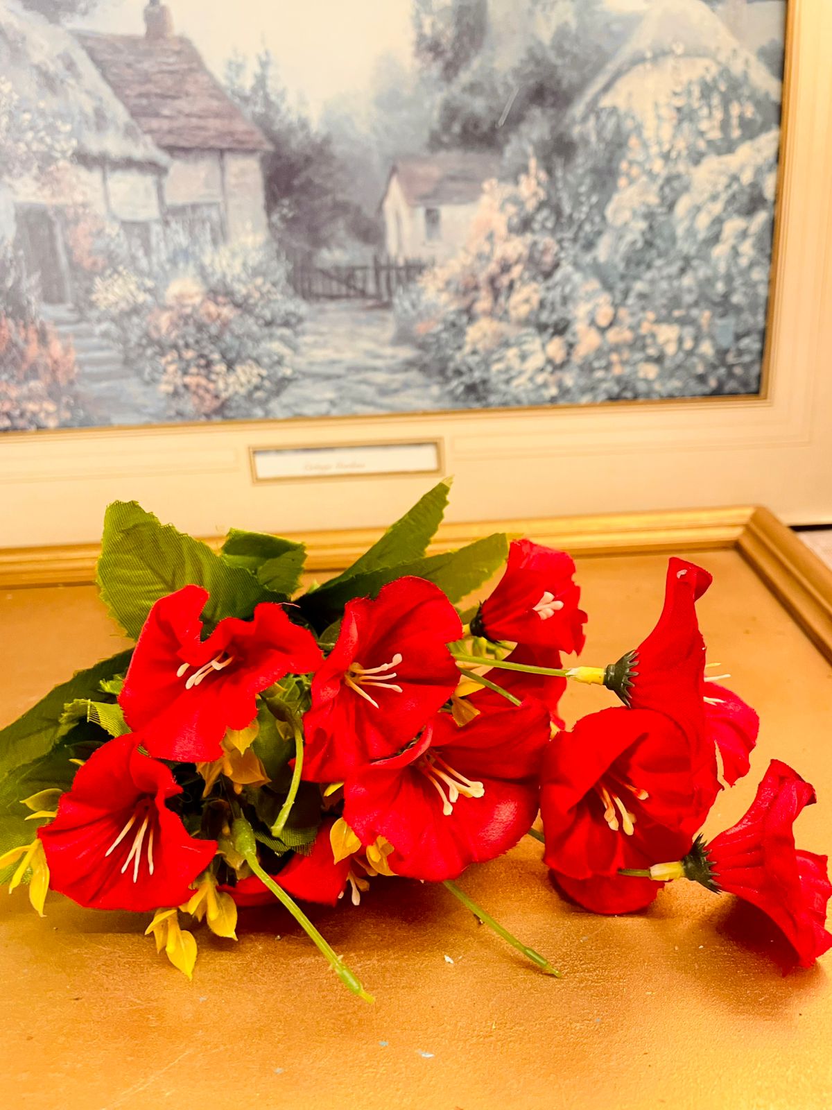 Vintage Red Faux Lily Floral Bouquet 13"