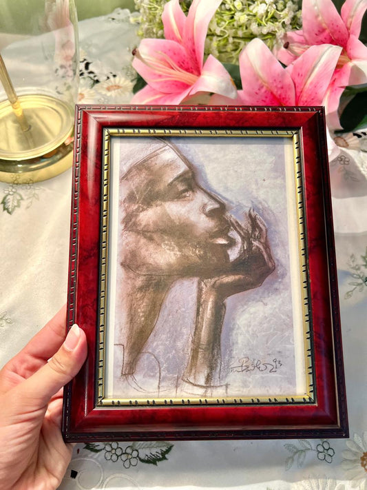 Horse Head Sketch Framed Artwork – Burgundy & Gold, painting 10 Inches