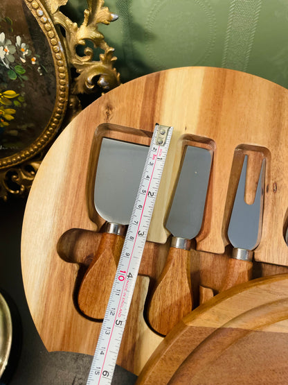 Acacia Wood Cheese Board & Stainless Steel Cheese Knife Set Round
