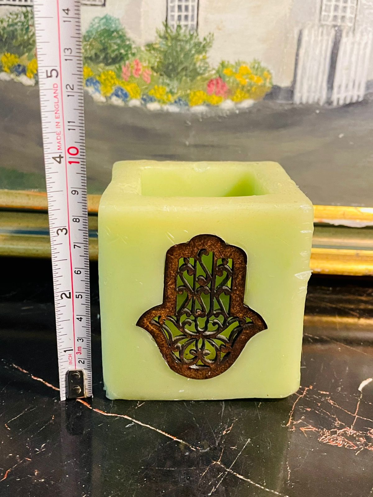 Square Green Wax Candle Holder with Metal Hamsa Motif — Boho Chic Decor