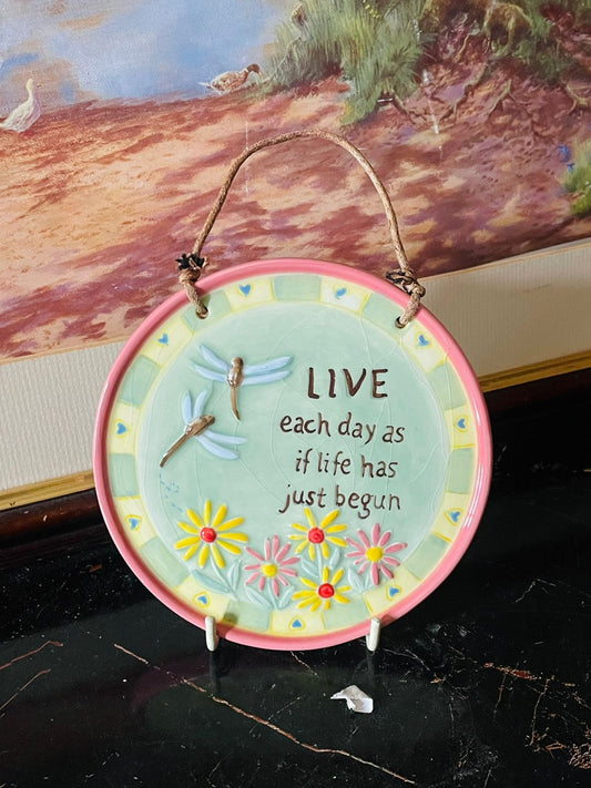ceramic wall plaque, motivational quote decor, Paula ceramics, floral wall art, hanging plate, inspirational home décor, vintage ceramic sign, pastel wall hanging, handmade ceramic plaque, dragonfly decor, positive message gift, rare thrift find, collectible wall plate, cottagecore decor, shabby chic wall art, vintage collection England, home décor Pakistan, rare thrift treasures