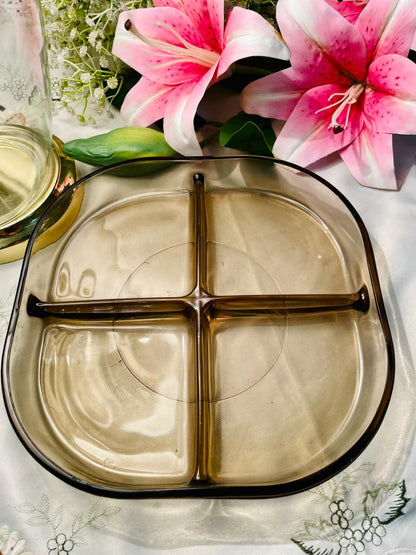 Vintage Amber Crystal 4-Compartment Serving Dish