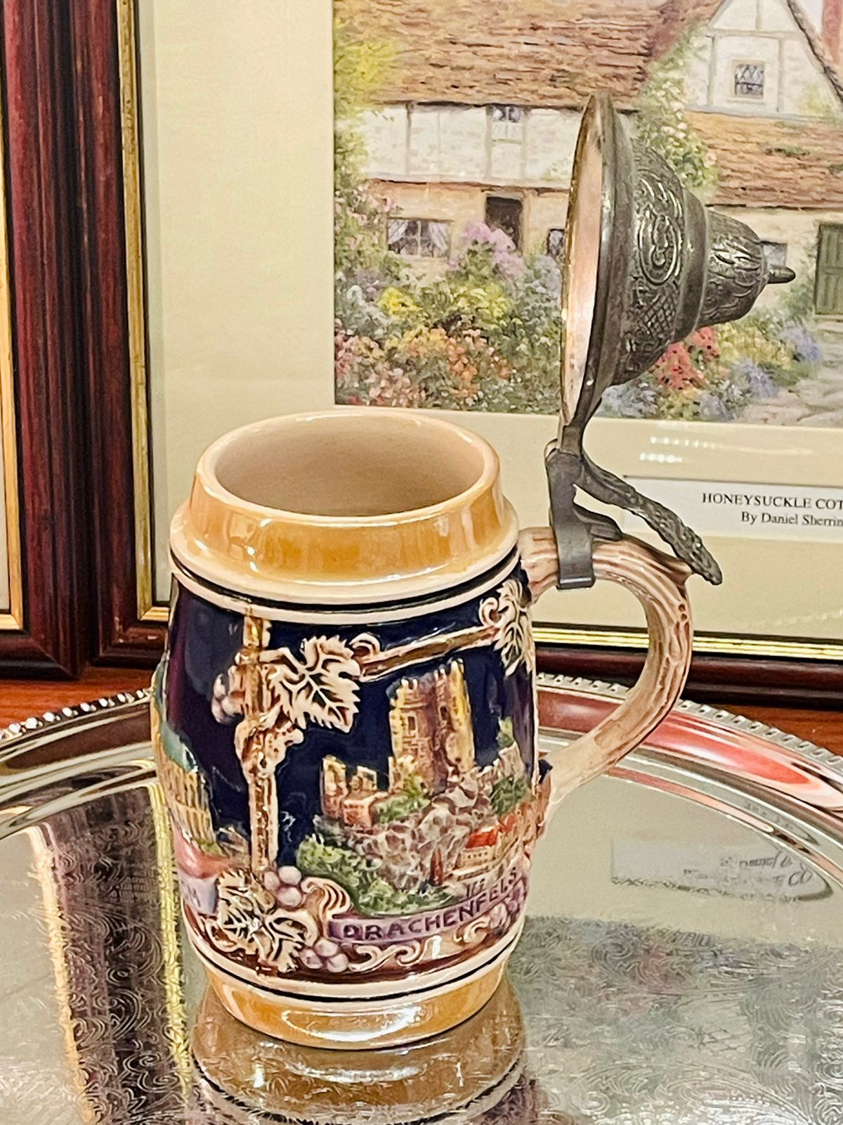 Vintage German Mug with Pewter Lid – Embossed Design