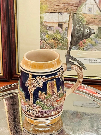 Vintage German Mug with Pewter Lid – Embossed Design