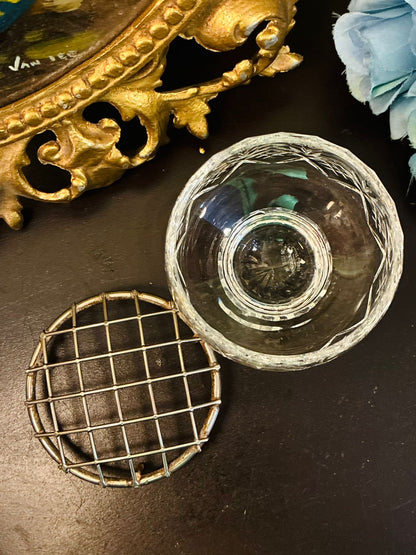 Vintage Cut Crystal Rose Bowl with Metal Flower Frog