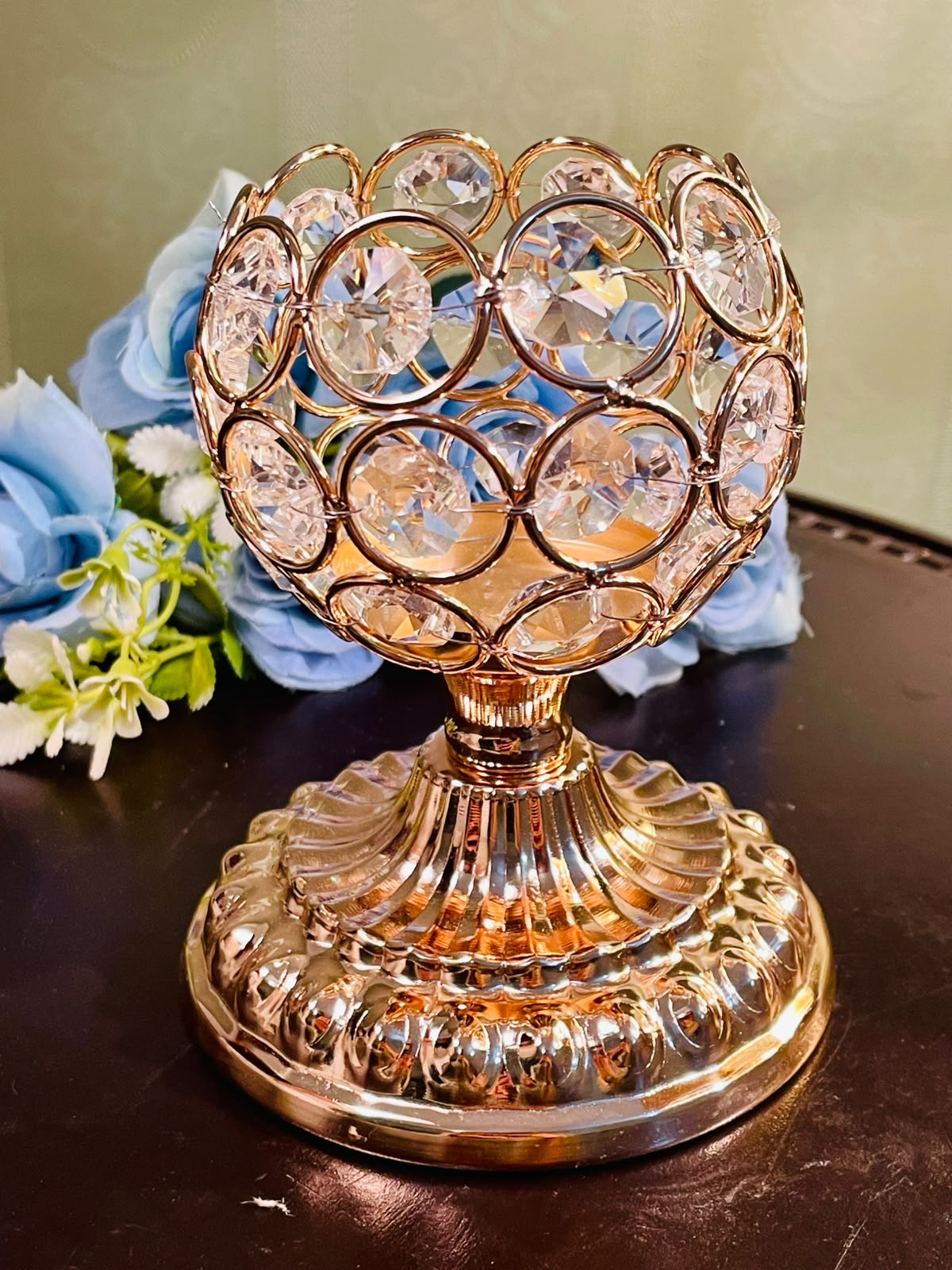 Gold Crystal Tealight Candle Holder – Decorative Metal Votive Candle Stand (5 Inch)
